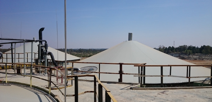 Biogas plant with membrane roofs, buffer bags and flare at Harmony Steyn 1